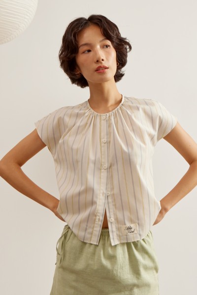 Script Japanese Cotton Gathered Button-Down Top