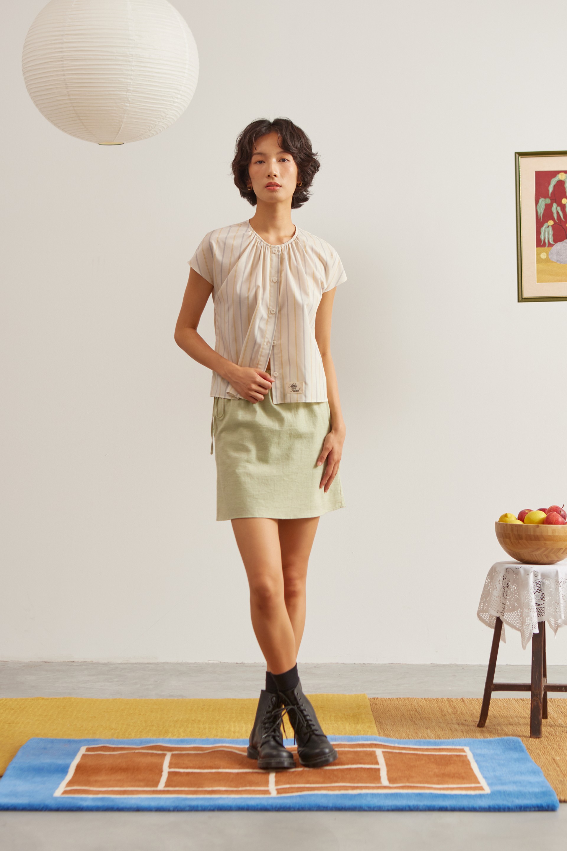 Script Japanese Cotton Gathered Button-Down Top