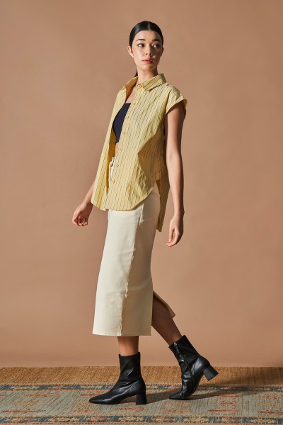 Relaxed Collared Japanese Cotton Striped Vest